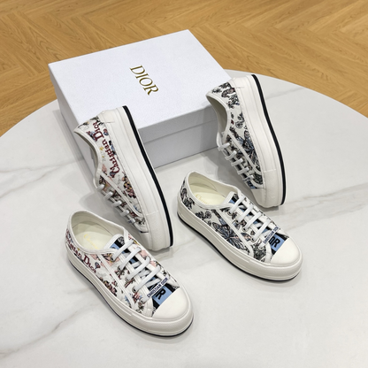 White Multicolor Embroidered Cotton with Dior Cabinet de Curiosités Motif Walk'n'D Platform Sneaker Designer Sneakers for Women