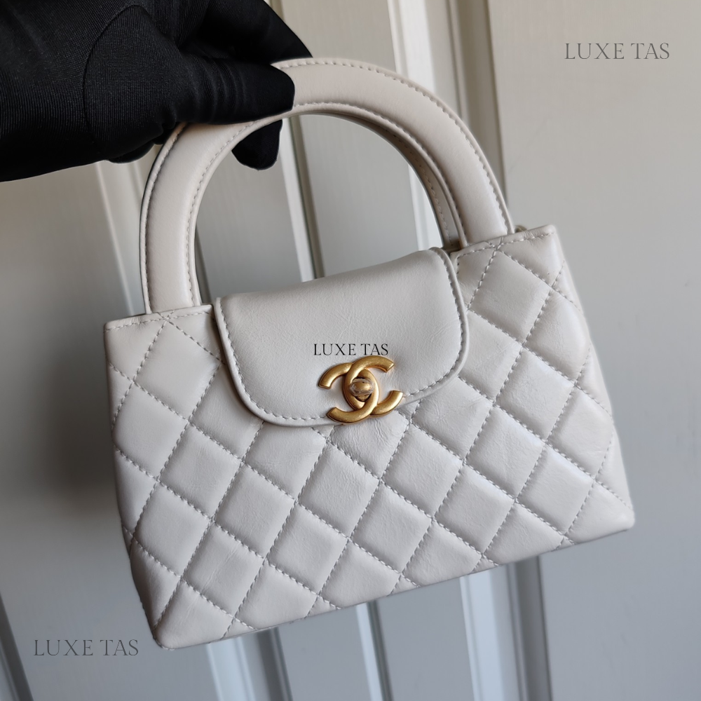 White Quilted Aged Calfskin Mini Kelly Bag - Leather Mini Bag for Women