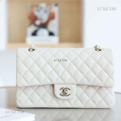 White Quilted Caviar Medium Classic Double Flap Bag Silver Hardwar