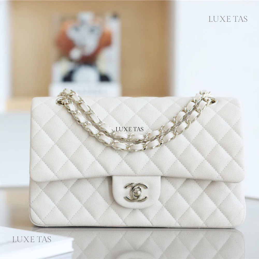 White Quilted Caviar Medium Classic Double Flap Bag Silver Hardwar