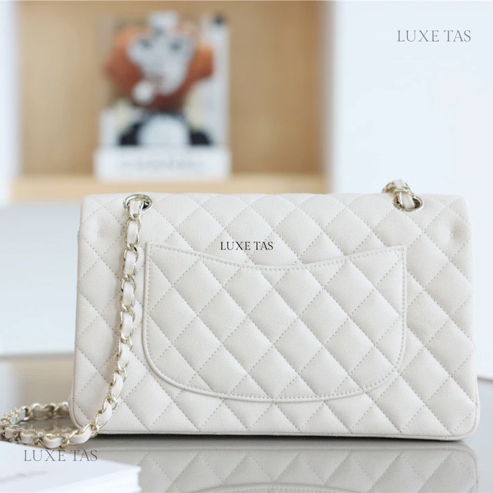 White Quilted Caviar Medium Classic Double Flap Bag Silver Hardwar