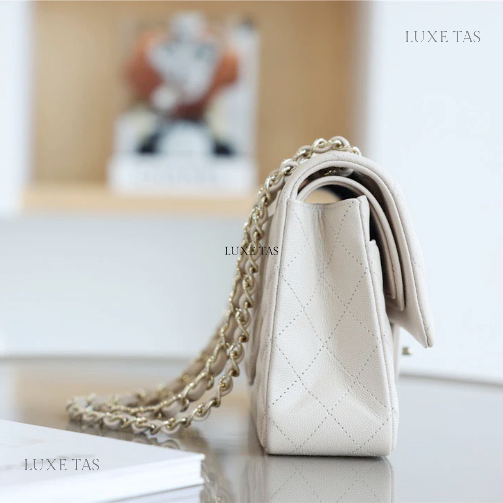 White Quilted Caviar Medium Classic Double Flap Bag Silver Hardwar