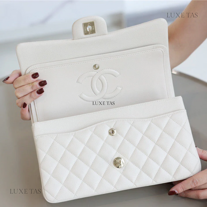 White Quilted Caviar Medium Classic Double Flap Bag Silver Hardwar
