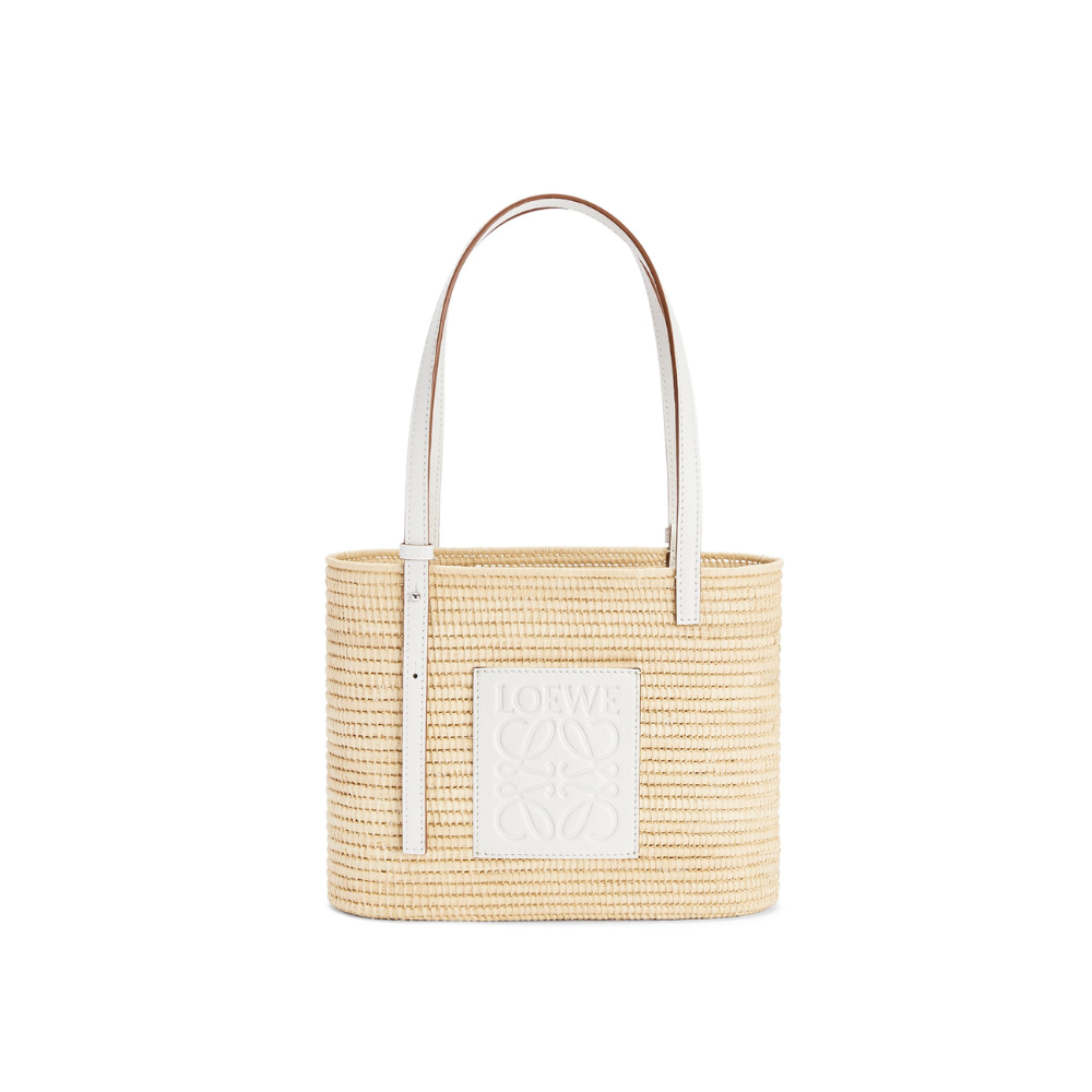 White Small Square Basket Bag In Raffia And Calfskin - Designer Tote Bag for Women