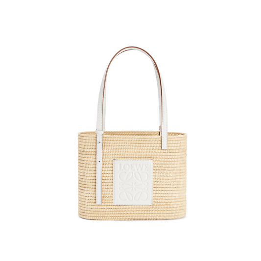 White Small Square Basket Bag In Raffia And Calfskin - Designer Tote Bag for Women