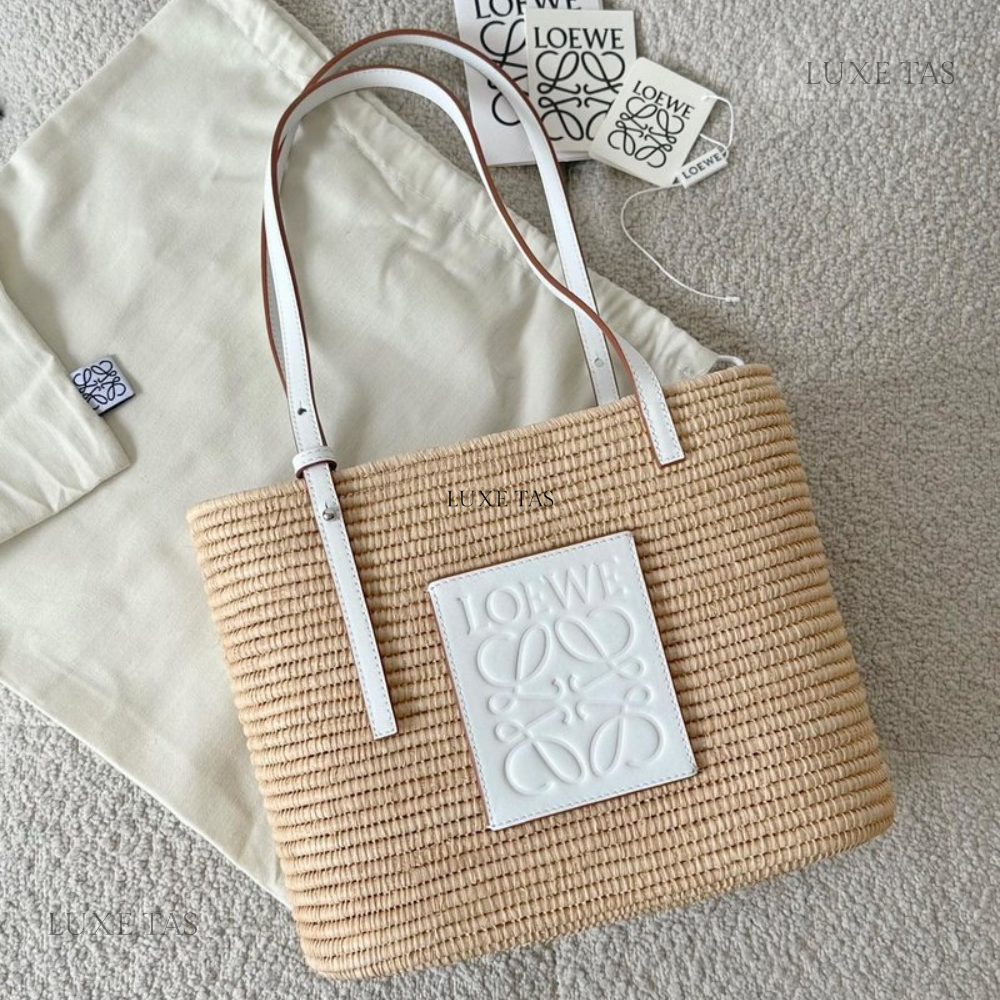 White Small Square Basket Bag In Raffia And Calfskin Designer Tote Bag Luxe Tas