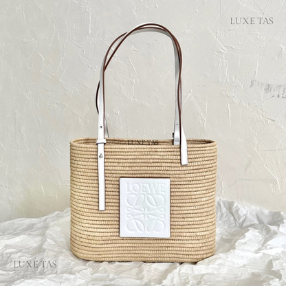 White Small Square Basket Bag In Raffia And Calfskin - Designer Tote Bag for Women