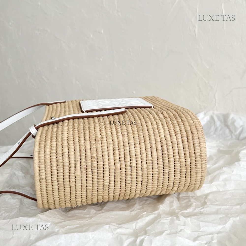 White Small Square Basket Bag In Raffia And Calfskin - Designer Tote Bag for Women