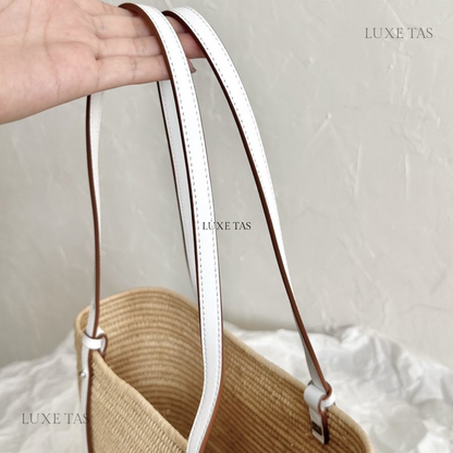 White Small Square Basket Bag In Raffia And Calfskin - Designer Tote Bag for Women