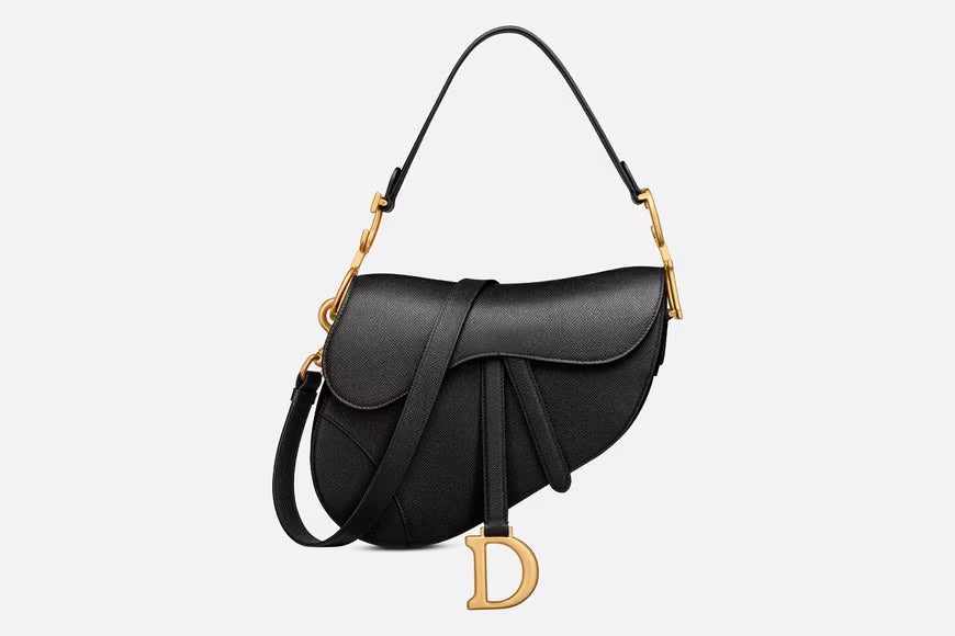 Black Grained Calfskin Saddle Bag With Strap