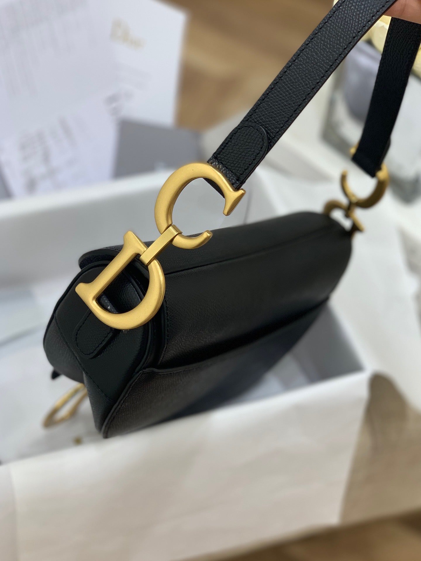 Black Grained Calfskin Saddle Bag With Strap Leather Handbag for