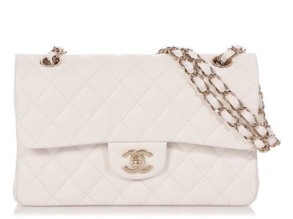 White Quilted Caviar Medium Classic Double Flap Bag Silver Hardware