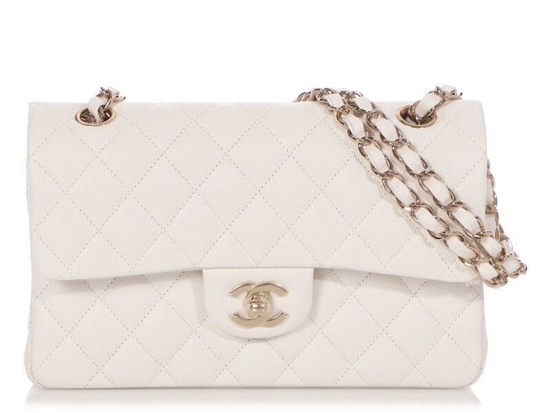 White Quilted Caviar Medium Classic Double Flap Bag Silver Hardware - –  Luxe Tas